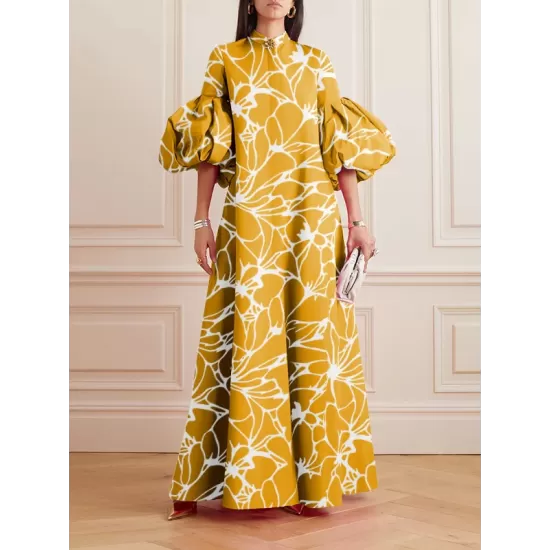 Loose Flower Shape Solid Color Stand Collar Lantern Sleeves Maxi Dresses Loose Flower Shape Solid Color Stand Collar Lantern Sleeves Maxi Dresses