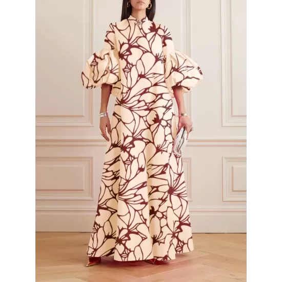 Loose Flower Shape Solid Color Stand Collar Lantern Sleeves Maxi Dresses Loose Flower Shape Solid Color Stand Collar Lantern Sleeves Maxi Dresses