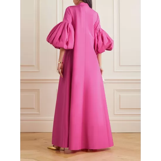 Loose Flower Shape Solid Color Stand Collar Lantern Sleeves Maxi Dresses Loose Flower Shape Solid Color Stand Collar Lantern Sleeves Maxi Dresses