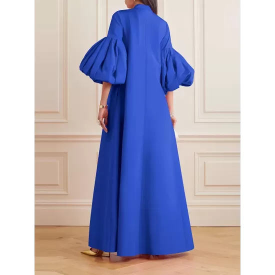 Loose Flower Shape Solid Color Stand Collar Lantern Sleeves Maxi Dresses Loose Flower Shape Solid Color Stand Collar Lantern Sleeves Maxi Dresses