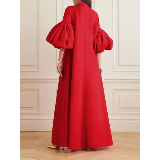Loose Flower Shape Solid Color Stand Collar Lantern Sleeves Maxi Dresses Loose Flower Shape Solid Color Stand Collar Lantern Sleeves Maxi Dresses