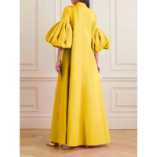 Loose Flower Shape Solid Color Stand Collar Lantern Sleeves Maxi Dresses Loose Flower Shape Solid Color Stand Collar Lantern Sleeves Maxi Dresses
