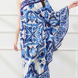 Asymmetric Falbala Floral Printed Batwing Sleeves Loose One-shoulder Midi Dresses