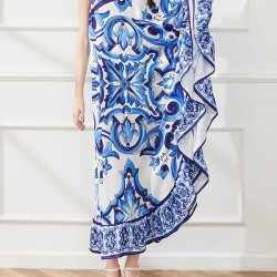 Asymmetric Falbala Floral Printed Batwing Sleeves Loose One-shoulder Midi Dresses