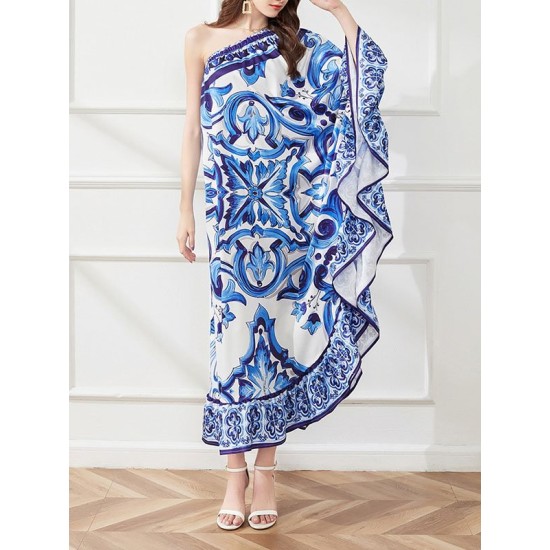Asymmetric Falbala Floral Printed Batwing Sleeves Loose One-shoulder Midi Dresses Asymmetric Falbala Floral Printed Batwing Sleeves Loose One-shoulder Midi Dresses
