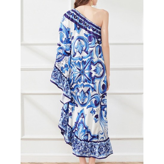 Asymmetric Falbala Floral Printed Batwing Sleeves Loose One-shoulder Midi Dresses Asymmetric Falbala Floral Printed Batwing Sleeves Loose One-shoulder Midi Dresses