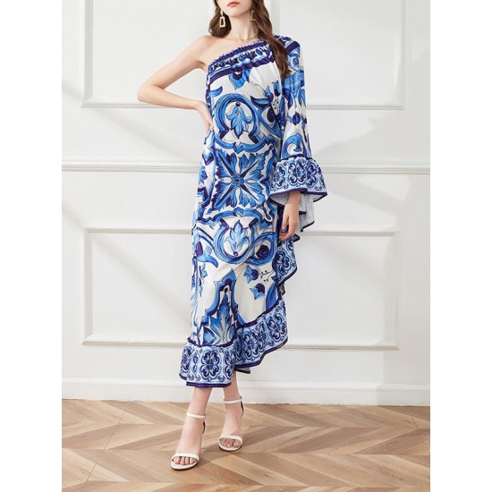 Asymmetric Falbala Floral Printed Batwing Sleeves Loose One-shoulder Midi Dresses Asymmetric Falbala Floral Printed Batwing Sleeves Loose One-shoulder Midi Dresses