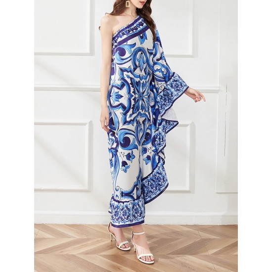 Asymmetric Falbala Floral Printed Batwing Sleeves Loose One-shoulder Midi Dresses Asymmetric Falbala Floral Printed Batwing Sleeves Loose One-shoulder Midi Dresses