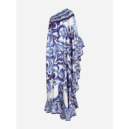 Asymmetric Falbala Floral Printed Batwing Sleeves Loose One-shoulder Midi Dresses Asymmetric Falbala Floral Printed Batwing Sleeves Loose One-shoulder Midi Dresses