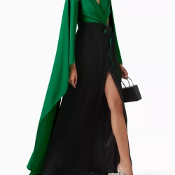 Batwing Sleeves Bandage Contrast Color Split-Front Zipper V-Neck Evening Dresses