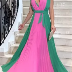 Contrast Color Pleated Sleeveless V-neck Maxi Dresses