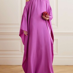 Bow-Embellished Hollow Solid Color Batwing Sleeves Loose Cold Shoulder Maxi Dresses