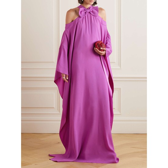 Bow-Embellished Hollow Solid Color Batwing Sleeves Loose Cold Shoulder Maxi Dresses Bow-Embellished Hollow Solid Color Batwing Sleeves Loose Cold Shoulder Maxi Dresses