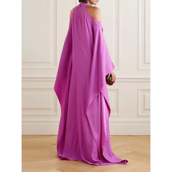 Bow-Embellished Hollow Solid Color Batwing Sleeves Loose Cold Shoulder Maxi Dresses Bow-Embellished Hollow Solid Color Batwing Sleeves Loose Cold Shoulder Maxi Dresses