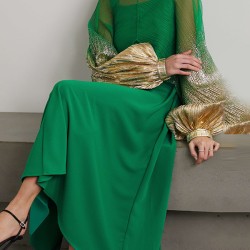 Contrast Color Split-Joint Lantern Sleeves High-Neck Cover-Ups Tops&Midi Dresses Suits