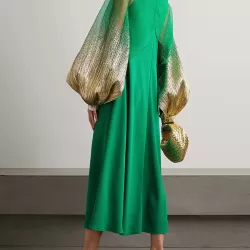 Contrast Color Split-Joint Lantern Sleeves High-Neck Cover-Ups Tops&Midi Dresses Suits