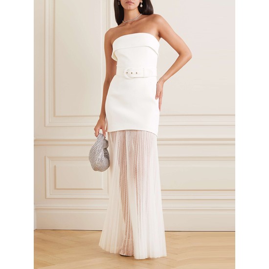 Bandeau Sleeveless Belted Pleated Solid Color Split-Joint Zipper Tube Evening Dresses Maxi Dresses Bandeau Sleeveless Belted Pleated Solid Color Split-Joint Zipper Tube Evening Dresses Maxi Dresses