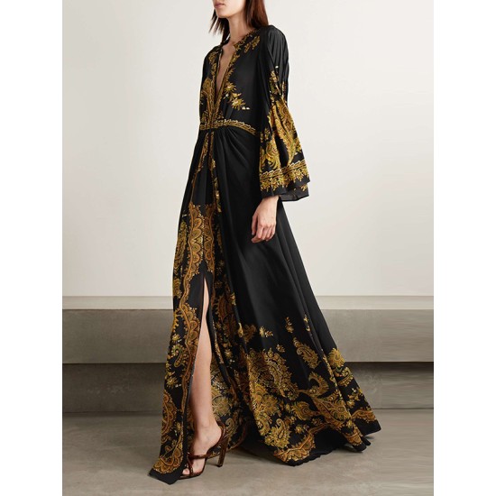 Contrast Color Printed Split-Front Flared Sleeves Loose Maxi Dresses Contrast Color Printed Split-Front Flared Sleeves Loose Maxi Dresses