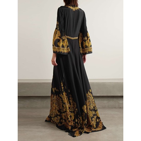 Contrast Color Printed Split-Front Flared Sleeves Loose Maxi Dresses Contrast Color Printed Split-Front Flared Sleeves Loose Maxi Dresses