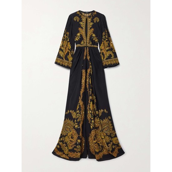 Contrast Color Printed Split-Front Flared Sleeves Loose Maxi Dresses Contrast Color Printed Split-Front Flared Sleeves Loose Maxi Dresses