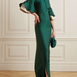 Flared Sleeves Half Sleeves Solid Color Round-Neck Maxi Dresses