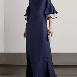Flared Sleeves Half Sleeves Solid Color Round-Neck Maxi Dresses