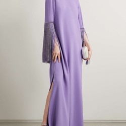 H-Line Long Sleeves Solid Color Split-Side Tasseled Round-Neck Maxi Dresses