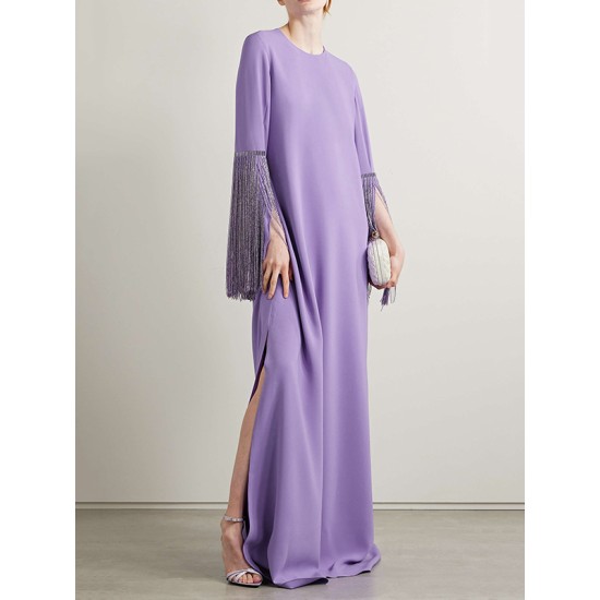 H-Line Long Sleeves Solid Color Split-Side Tasseled Round-Neck Maxi Dresses H-Line Long Sleeves Solid Color Split-Side Tasseled Round-Neck Maxi Dresses