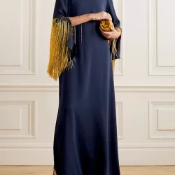H-Line Long Sleeves Solid Color Split-Side Tasseled Round-Neck Maxi Dresses
