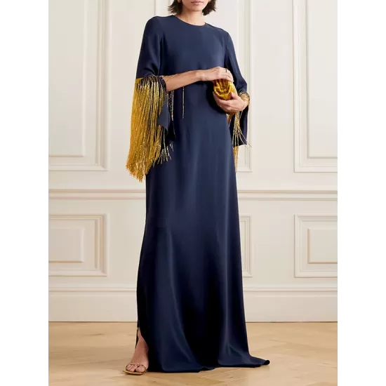 H-Line Long Sleeves Solid Color Split-Side Tasseled Round-Neck Maxi Dresses H-Line Long Sleeves Solid Color Split-Side Tasseled Round-Neck Maxi Dresses