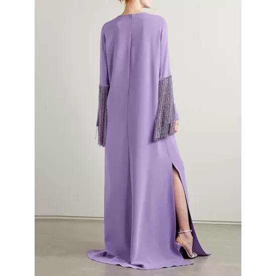 H-Line Long Sleeves Solid Color Split-Side Tasseled Round-Neck Maxi Dresses H-Line Long Sleeves Solid Color Split-Side Tasseled Round-Neck Maxi Dresses