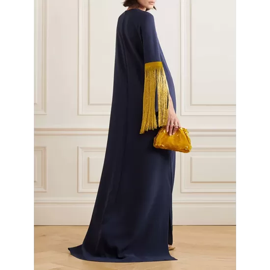 H-Line Long Sleeves Solid Color Split-Side Tasseled Round-Neck Maxi Dresses H-Line Long Sleeves Solid Color Split-Side Tasseled Round-Neck Maxi Dresses