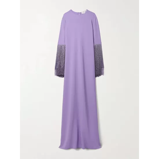 H-Line Long Sleeves Solid Color Split-Side Tasseled Round-Neck Maxi Dresses H-Line Long Sleeves Solid Color Split-Side Tasseled Round-Neck Maxi Dresses