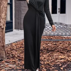 Bowknot Solid Color Bodycon Long Sleeves V-neck Maxi Dresses