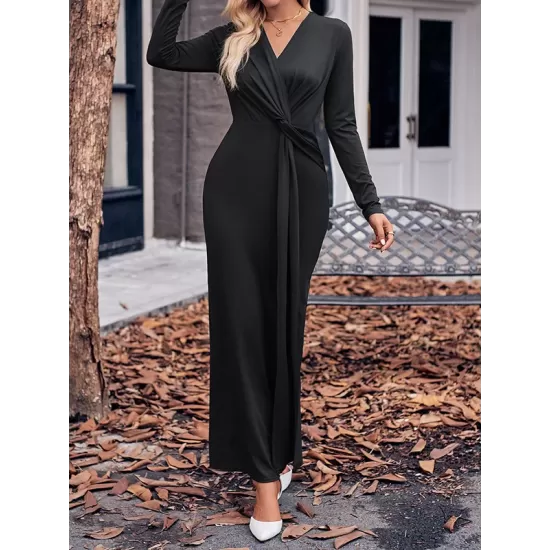 Bowknot Solid Color Bodycon Long Sleeves V-neck Maxi Dresses Bowknot Solid Color Bodycon Long Sleeves V-neck Maxi Dresses
