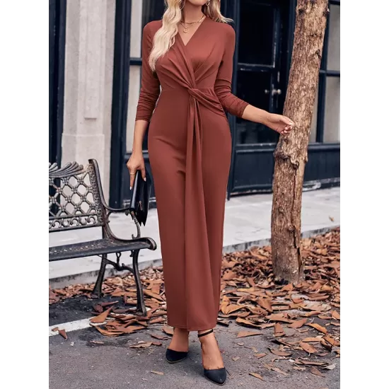 Bowknot Solid Color Bodycon Long Sleeves V-neck Maxi Dresses Bowknot Solid Color Bodycon Long Sleeves V-neck Maxi Dresses