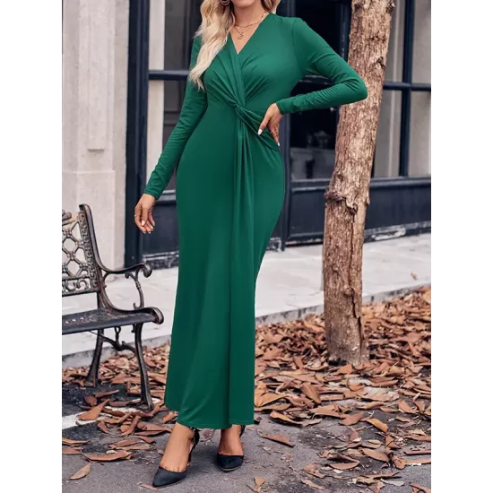Bowknot Solid Color Bodycon Long Sleeves V-neck Maxi Dresses Bowknot Solid Color Bodycon Long Sleeves V-neck Maxi Dresses