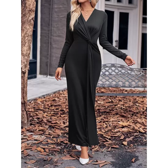 Bowknot Solid Color Bodycon Long Sleeves V-neck Maxi Dresses Bowknot Solid Color Bodycon Long Sleeves V-neck Maxi Dresses