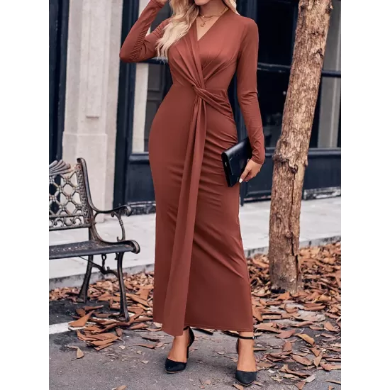 Bowknot Solid Color Bodycon Long Sleeves V-neck Maxi Dresses Bowknot Solid Color Bodycon Long Sleeves V-neck Maxi Dresses