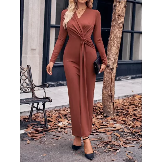 Bowknot Solid Color Bodycon Long Sleeves V-neck Maxi Dresses Bowknot Solid Color Bodycon Long Sleeves V-neck Maxi Dresses