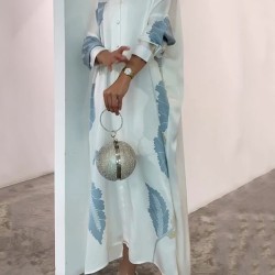 Long Sleeves Buttoned Contrast Color Flower&Leaves Print Muslim V-Neck Maxi Dress