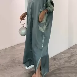 Long Sleeves Buttoned Contrast Color Flower&Leaves Print Muslim V-Neck Maxi Dress
