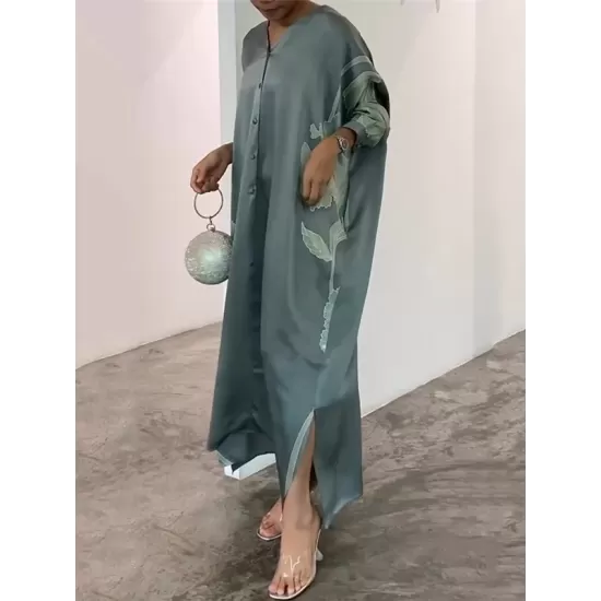 Long Sleeves Buttoned Contrast Color Flower&Leaves Print Muslim V-Neck Maxi Dress Long Sleeves Buttoned Contrast Color Flower&Leaves Print Muslim V-Neck Maxi Dress
