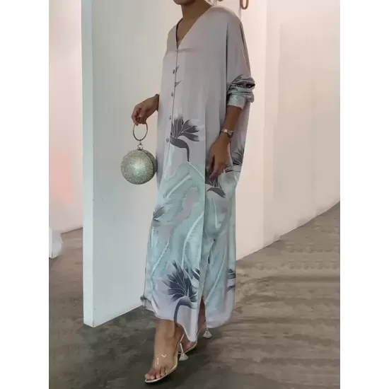 Long Sleeves Buttoned Contrast Color Flower&Leaves Print Muslim V-Neck Maxi Dress Long Sleeves Buttoned Contrast Color Flower&Leaves Print Muslim V-Neck Maxi Dress
