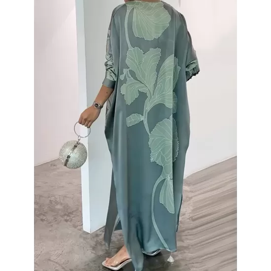 Long Sleeves Buttoned Contrast Color Flower&Leaves Print Muslim V-Neck Maxi Dress Long Sleeves Buttoned Contrast Color Flower&Leaves Print Muslim V-Neck Maxi Dress