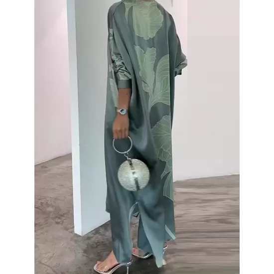 Long Sleeves Buttoned Contrast Color Flower&Leaves Print Muslim V-Neck Maxi Dress Long Sleeves Buttoned Contrast Color Flower&Leaves Print Muslim V-Neck Maxi Dress