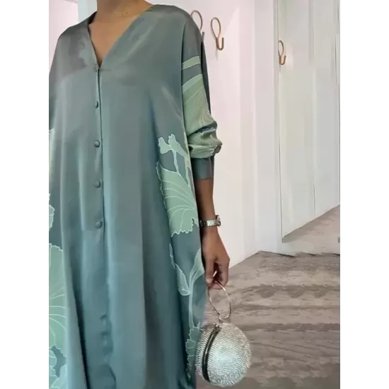 Long Sleeves Buttoned Contrast Color Flower&Leaves Print Muslim V-Neck Maxi Dress Long Sleeves Buttoned Contrast Color Flower&Leaves Print Muslim V-Neck Maxi Dress