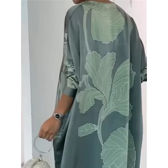 Long Sleeves Buttoned Contrast Color Flower&Leaves Print Muslim V-Neck Maxi Dress Long Sleeves Buttoned Contrast Color Flower&Leaves Print Muslim V-Neck Maxi Dress