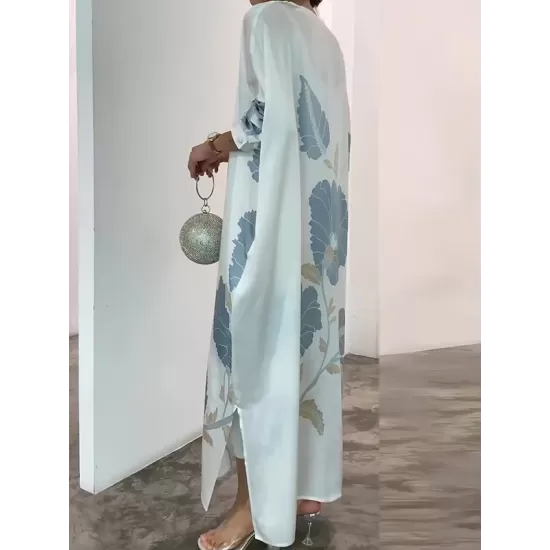 Long Sleeves Buttoned Contrast Color Flower&Leaves Print Muslim V-Neck Maxi Dress Long Sleeves Buttoned Contrast Color Flower&Leaves Print Muslim V-Neck Maxi Dress