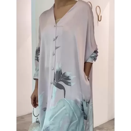 Long Sleeves Buttoned Contrast Color Flower&Leaves Print Muslim V-Neck Maxi Dress Long Sleeves Buttoned Contrast Color Flower&Leaves Print Muslim V-Neck Maxi Dress